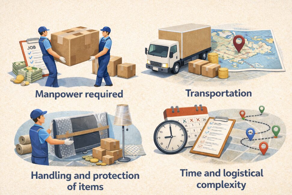 Factors that affect moving costs such as manpower, transport, and item volume