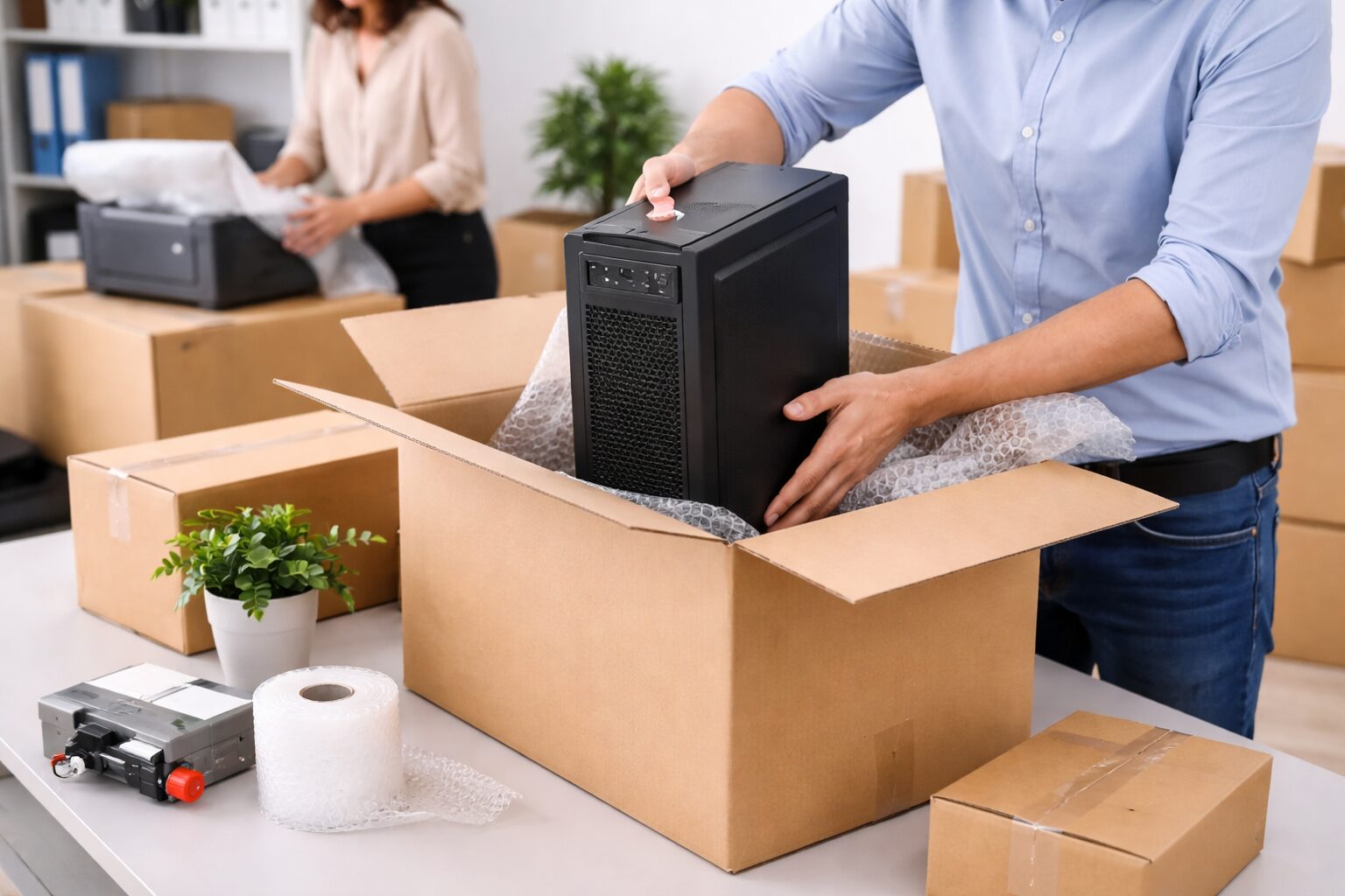 Packing office computers and equipment before relocation