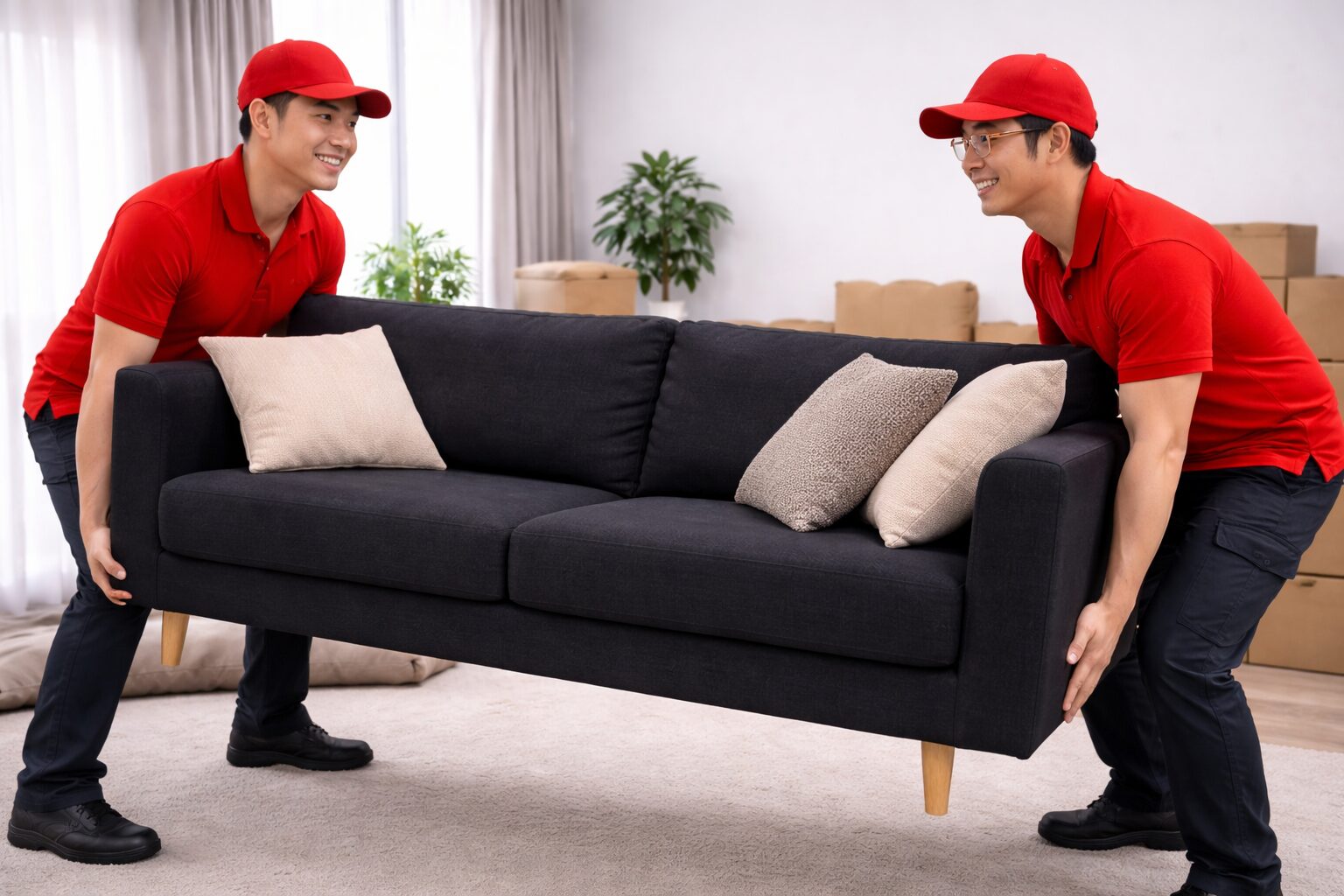 Furniture movers transporting sofa during relocatio