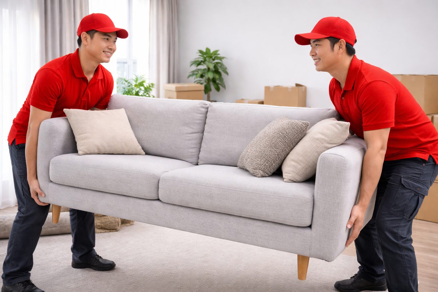 Furniture movers carrying a sofa during a house relocation