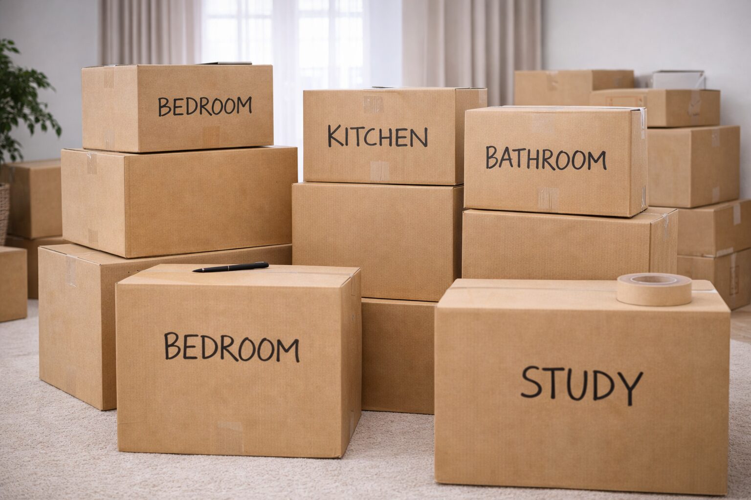 Labelled moving boxes organised by room
