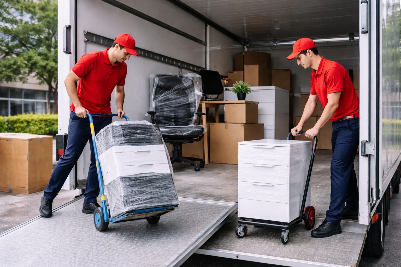 Office furniture being loaded into a moving truck