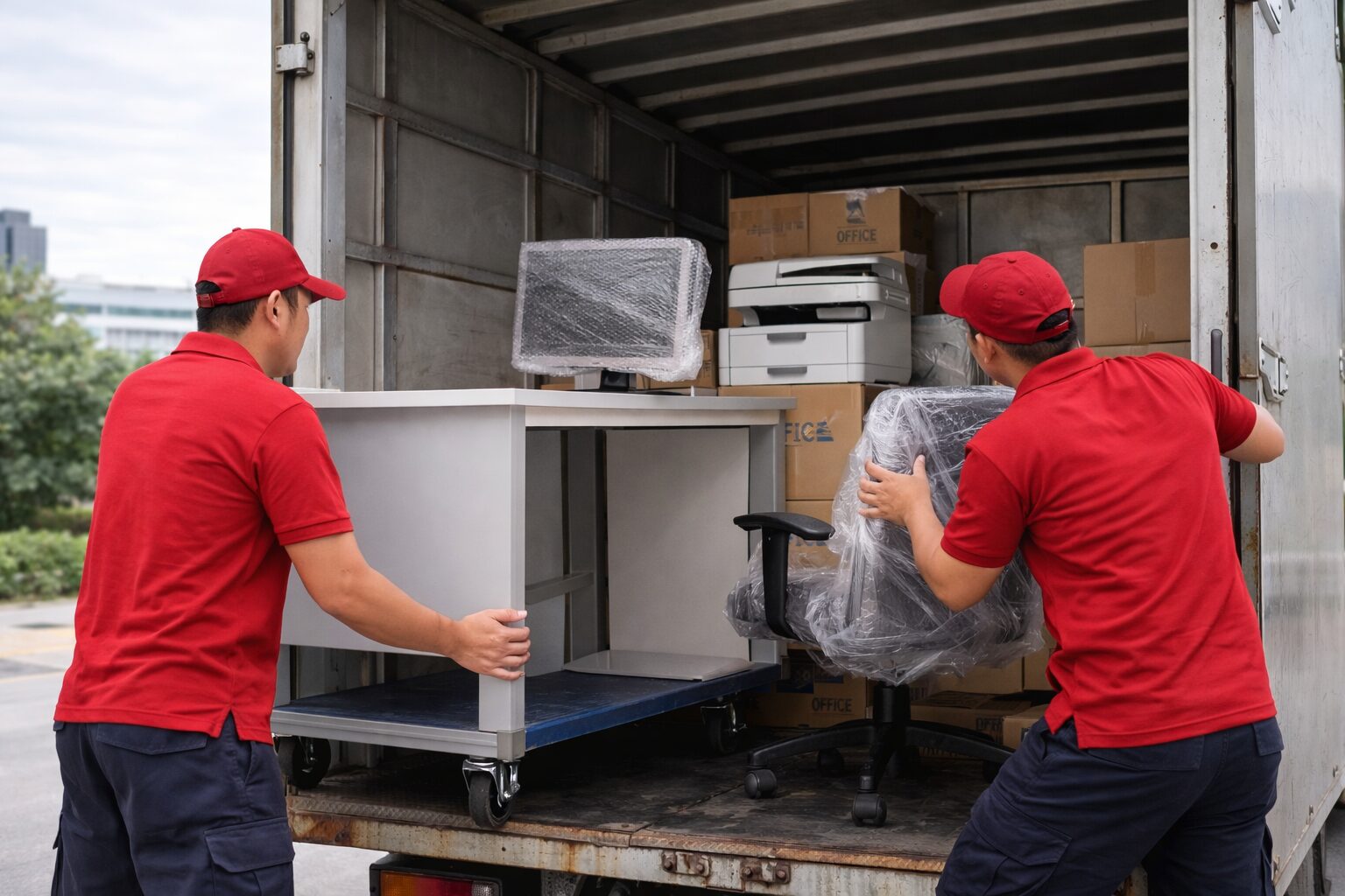 Office furniture being loaded into a moving truck 